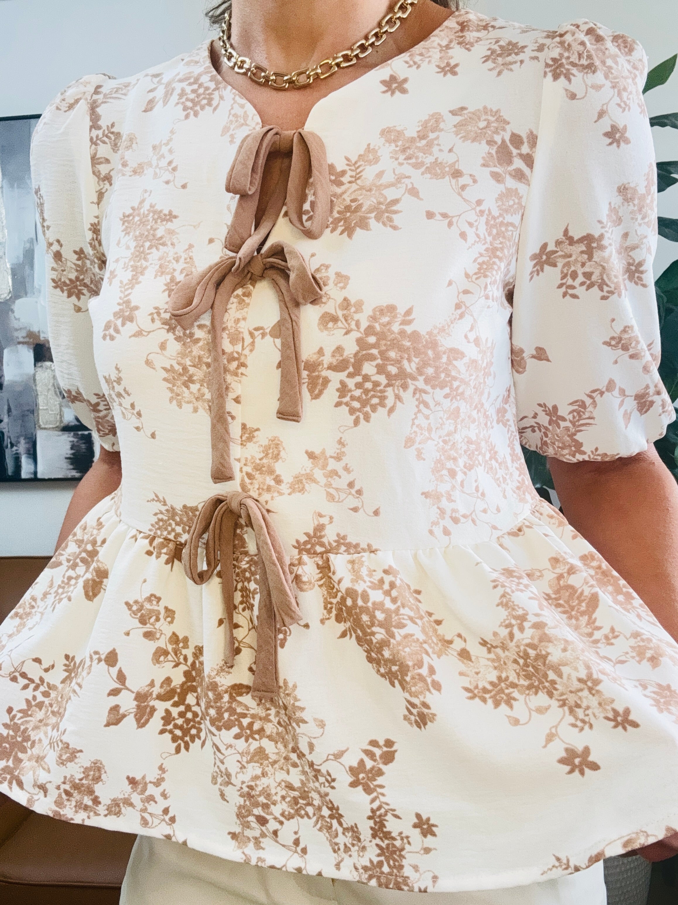 Peplum Floral Front Tie Blouse (Size M)
